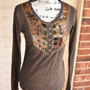 Free People Brown Sequin Top L/S Sz S